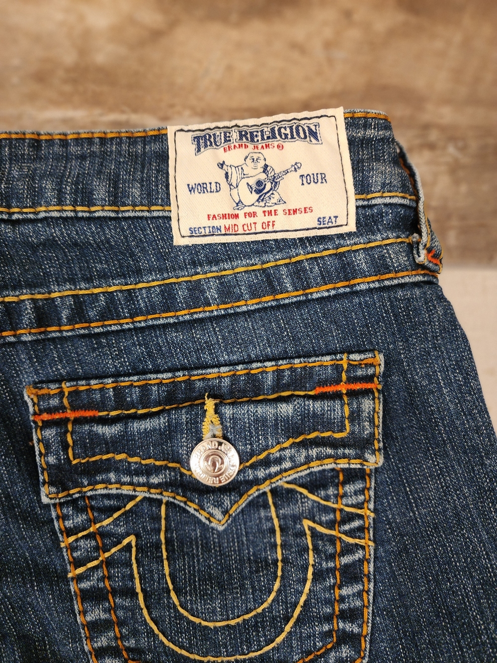 True Religion Mid Wash Rolled Cuff Distressed Denim Shorts - Picture 5 of 6